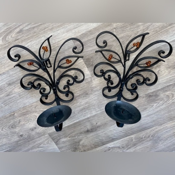 3/75$ Set of 2 Metal Wall mounted Candle Sconce Holder black thick metal‎ leaves - Picture 8 of 14